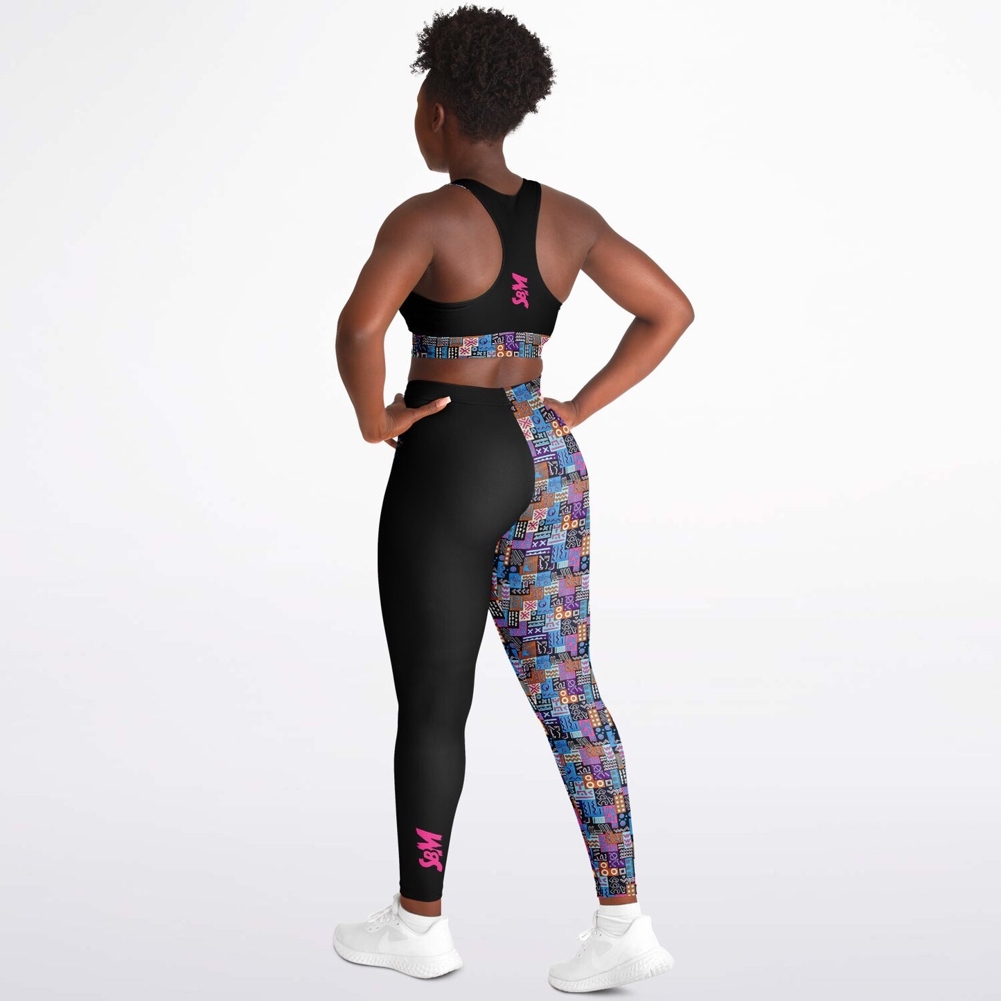 Padded Sports Bra & Leggings - Black & Pink with African Print