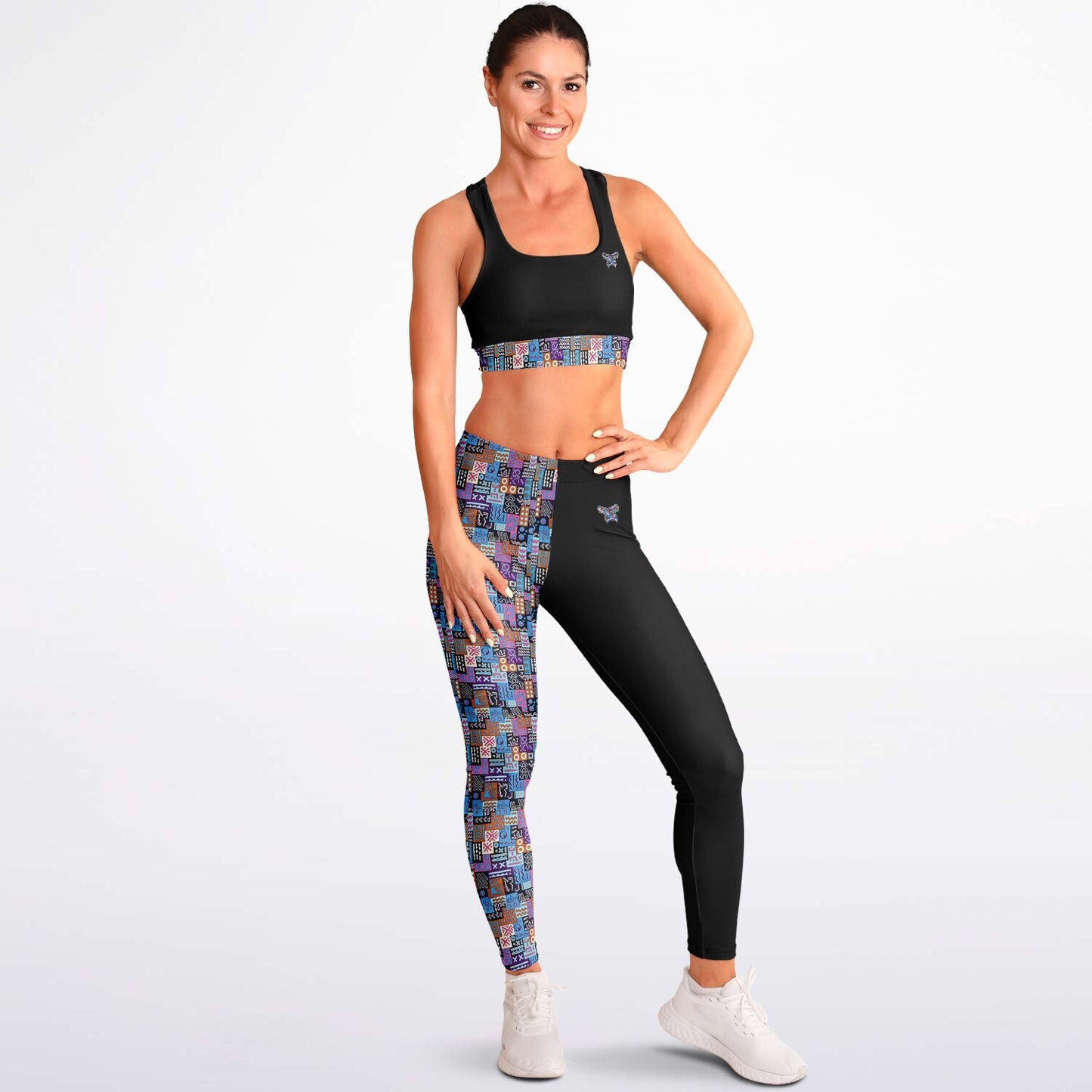 Padded Sports Bra & Leggings - Black & Pink with African Print