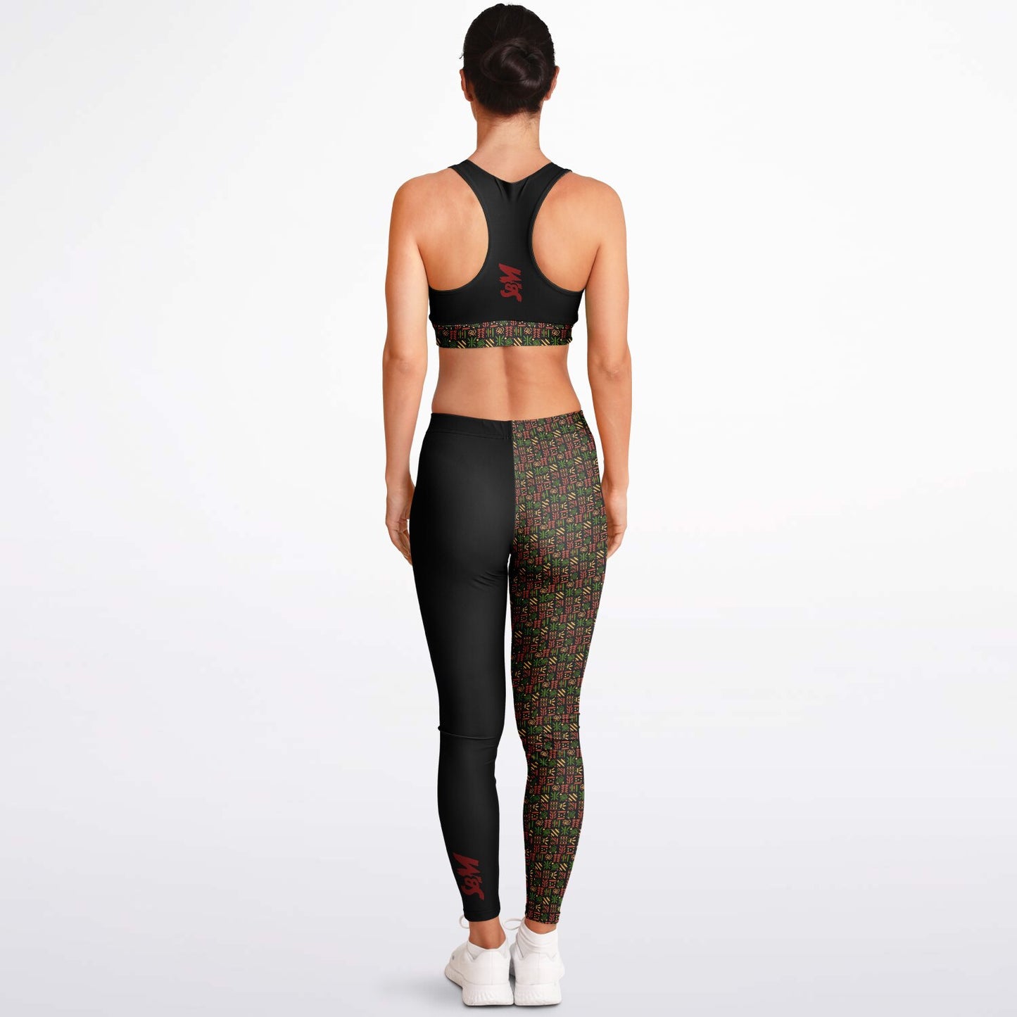 Padded Sports Bra & Leggings - Black & Red African Print