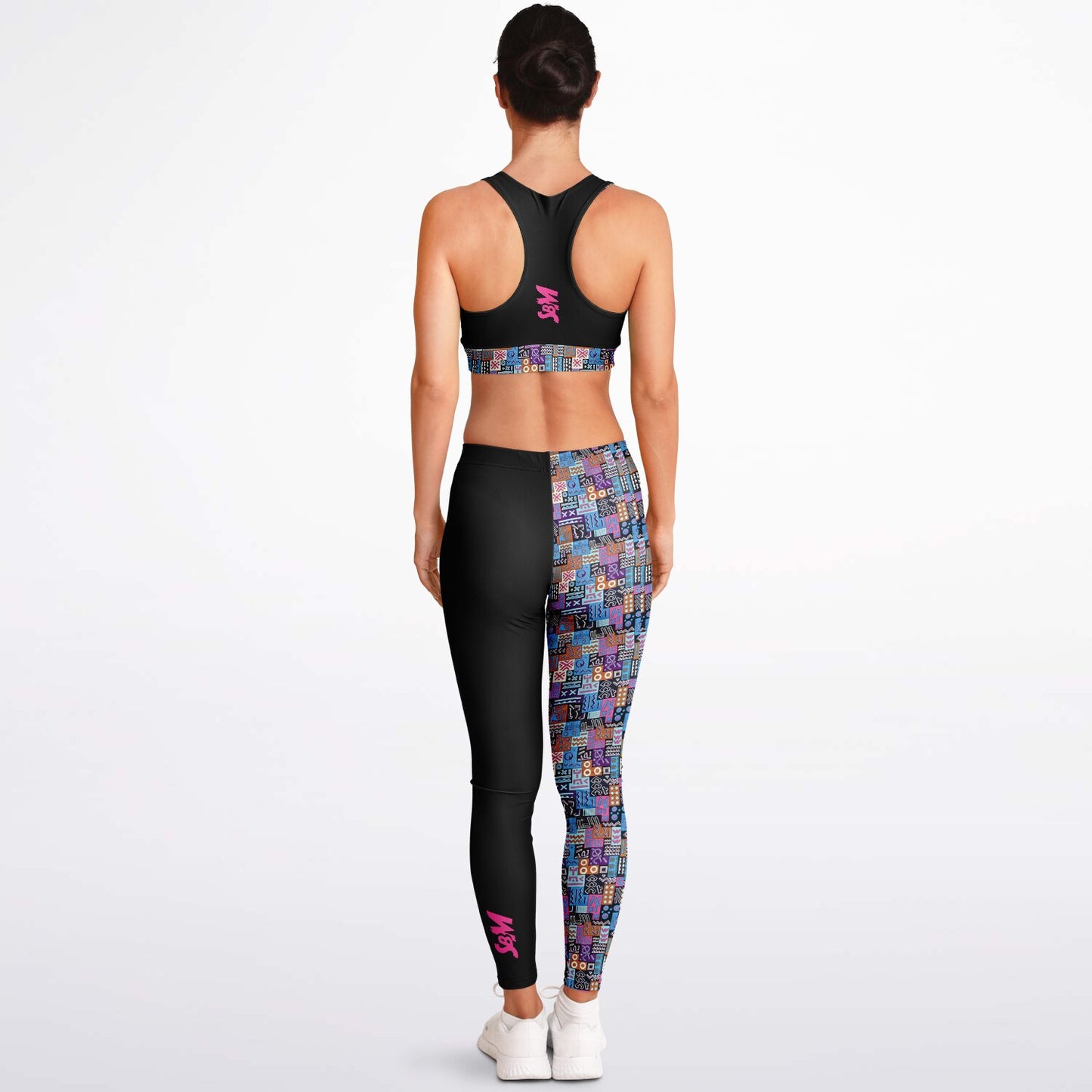 Padded Sports Bra & Leggings - Black & Pink with African Print
