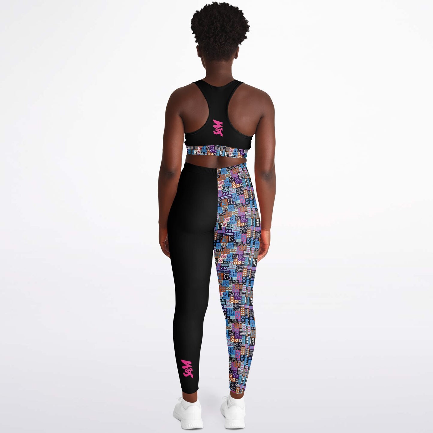 Padded Sports Bra & Leggings - Black & Pink with African Print