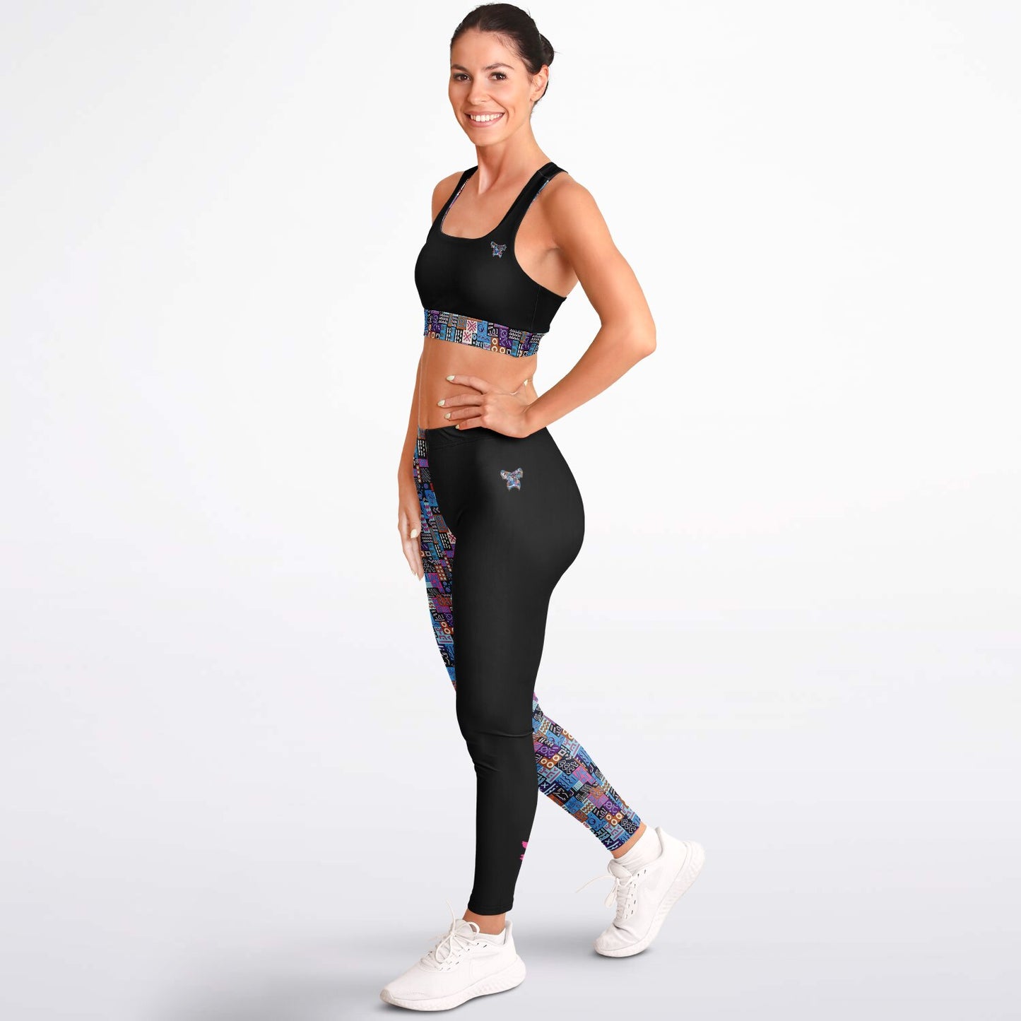 Padded Sports Bra & Leggings - Black & Pink with African Print