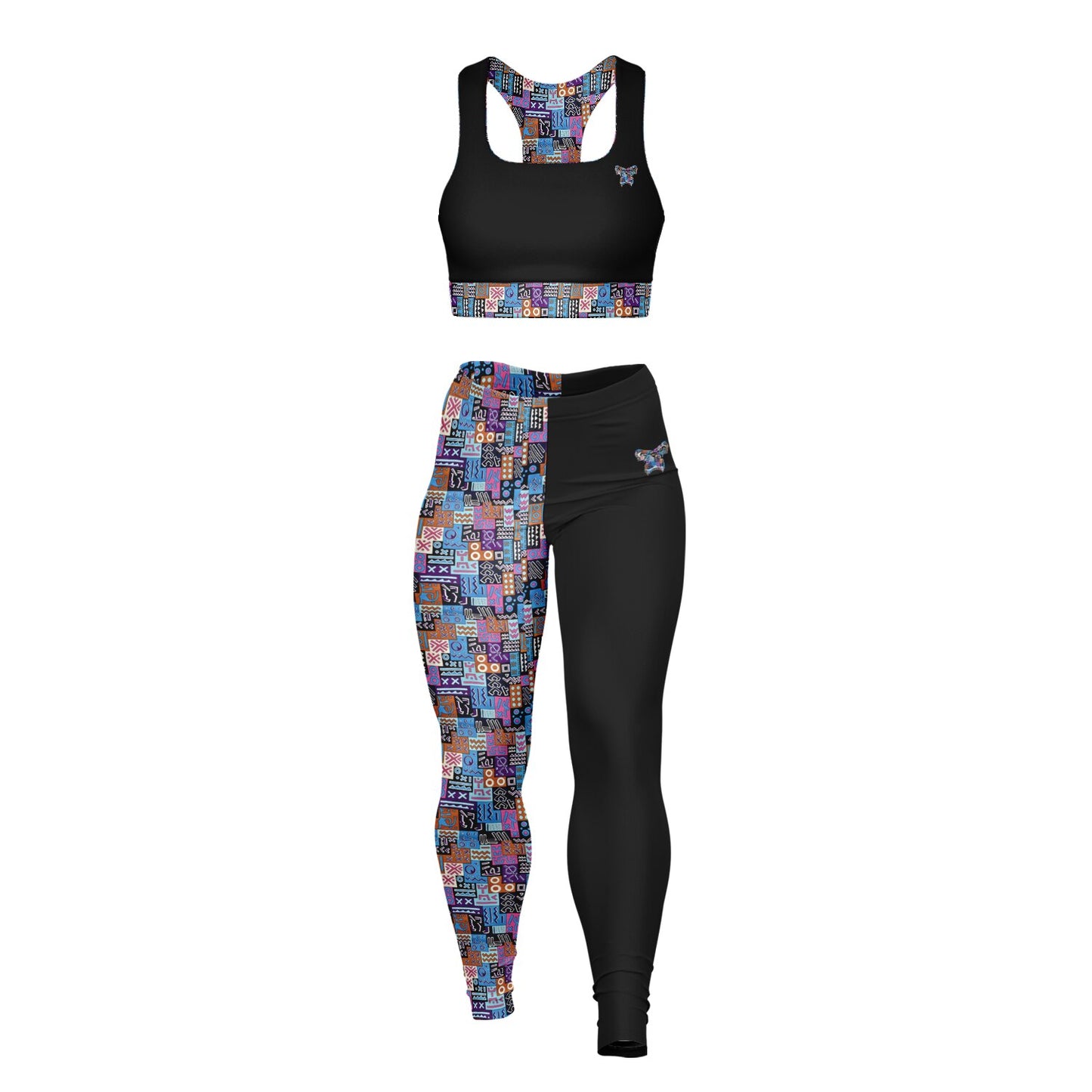 Padded Sports Bra & Leggings - Black & Pink with African Print