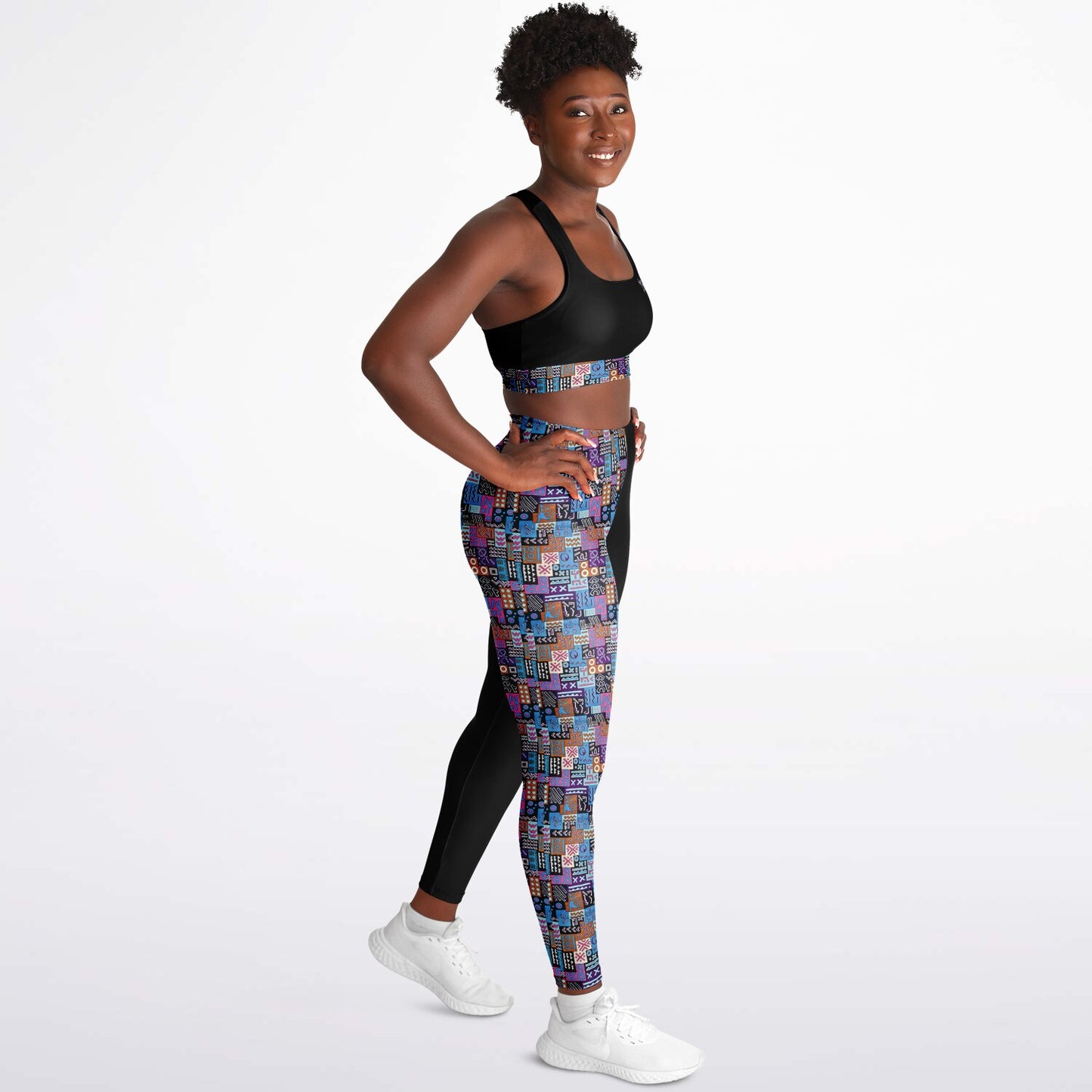 Padded Sports Bra & Leggings - Black & Pink with African Print