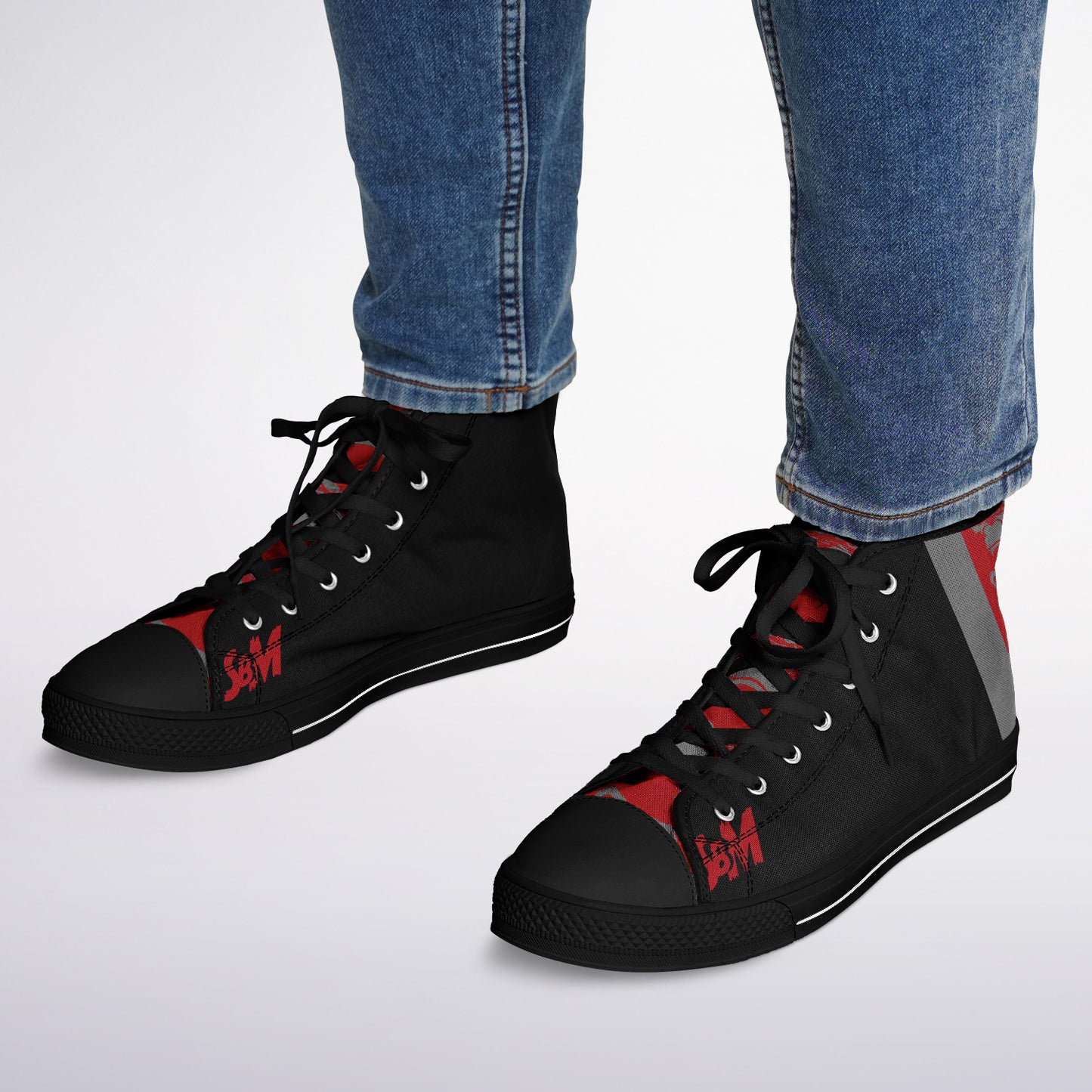 High Top Shoes - Black on Black - Grey & Red