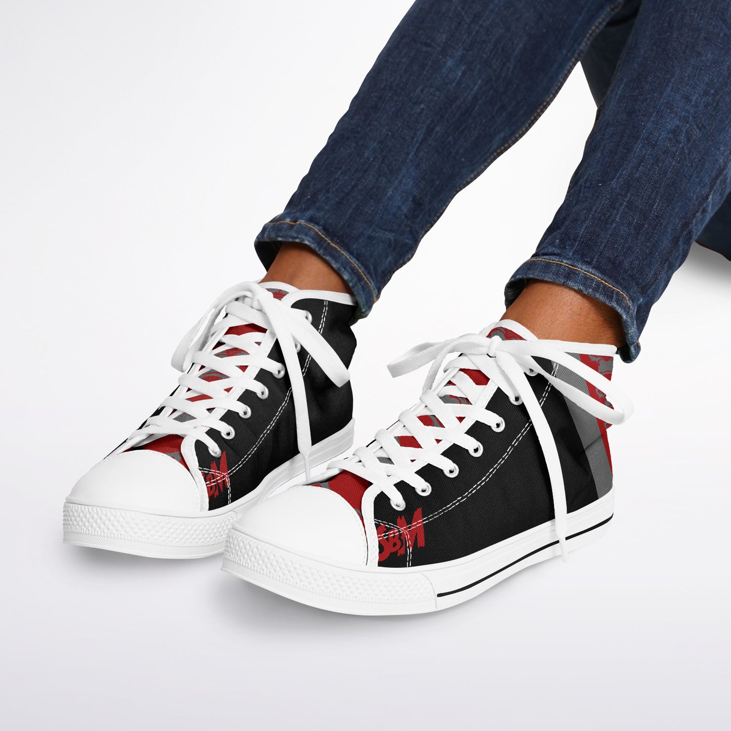High Top Shoes - White on Black - Grey & Red