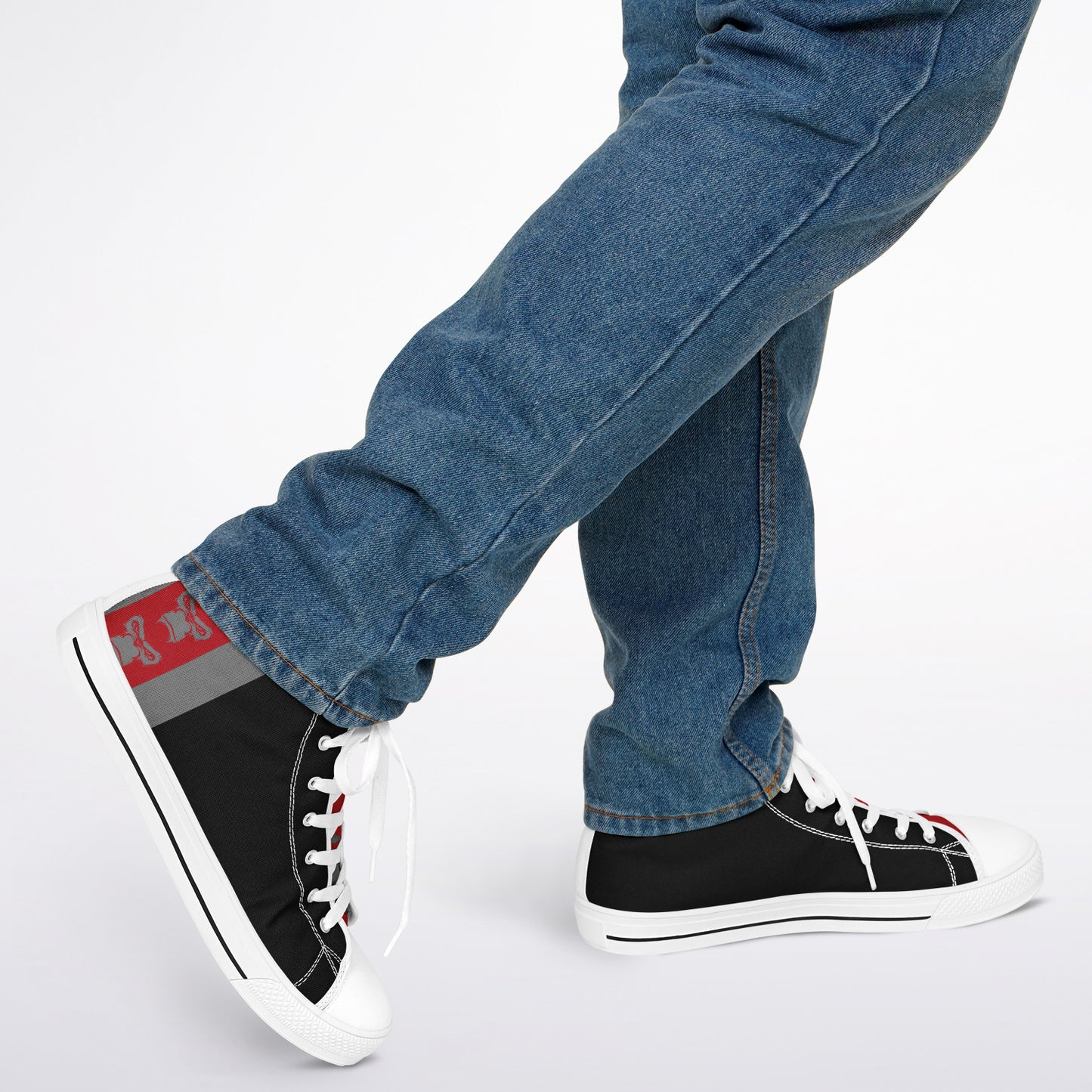 High Top Shoes - White on Black - Grey & Red