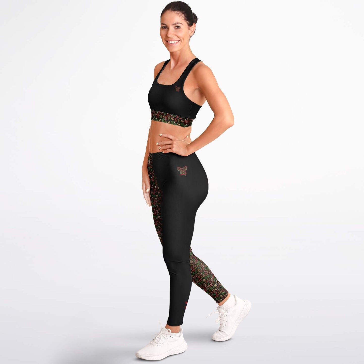 Padded Sports Bra & Leggings - Black & Red African Print